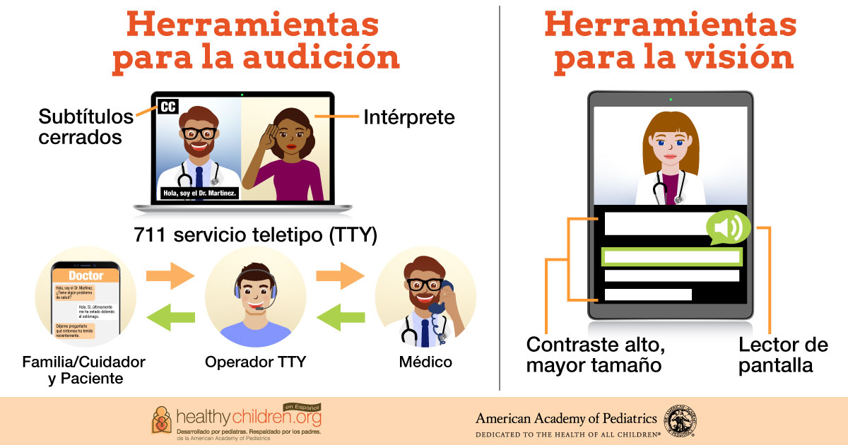 Existen herramientas para las visitas de telesalud para niños que necesitan ayudan debido a problemas de audición o visión. Pregunte al consultorio del pediatra qué pueden ofrecer para la consulta de su niño.  ow.ly/jRZ130rzZhX #Telehealth101