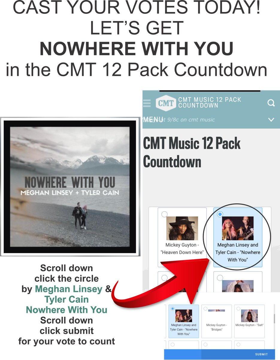 Megs_Megastars's tweet photo. Let's get those votes in! :) Vote all week long as often as you would love to! We are voting for Nowhere With You music video from @meghanlinsey &amp; @thisisTylerCain that just came out yesterday! https://t.co/TDzMFUlU5L https://t.co/PP7yzyKZtI