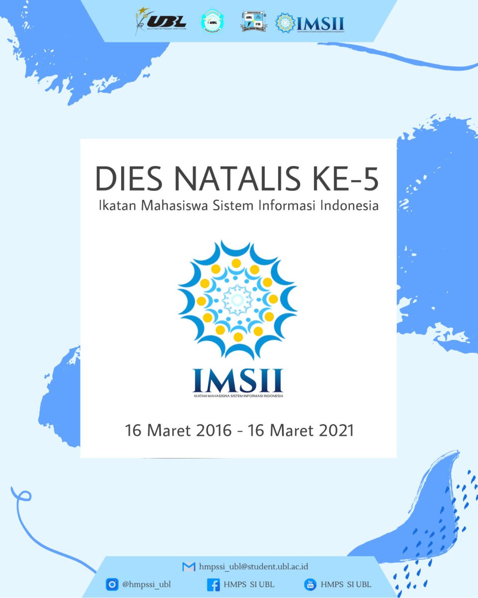 Dies Natalies ke-5
16 Maret 2016 - 16 maret 2021
IMSII adalah organisasi yg mewadahi mahasiswa Sistem Informasi Indonesia sebagai media komunikasi, sharing, dan gathering untuk mengkoordinasi kegiatan Mahasiswa Sistem Informasi seluruh Indonesia

#salamteknologi
#fikjaya