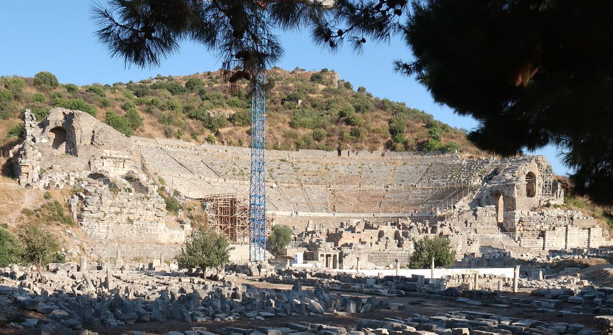 7. The theatre at Ephesus is the largest ancient theatre in Anatolia: it is 145 metres wide, 30 metres tall and used to hold up to 24,000 people. The theatre was completed (to its current dimensions) during Emperor Trajan's reign. The blue crane annoyingly blemished this picture.