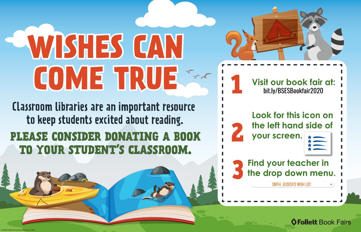 Classroom libraries are a vital resource in keeping students excited about reading. Consider donating a book to your child's classroom library! Visit our book fair at bit.ly/BSESBookfair20… to find a teachers' wishlists!