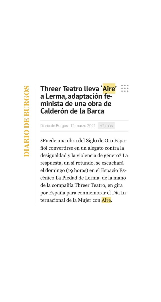 fernandomerce's tweet photo. 'Aire', alegato contra la desigualdad y la violencia machista, en Lerma.
#aire #threerteatro #threer #teatro #calderon #lahijadelaire #siglodeoro https://t.co/tGFnjvyivg