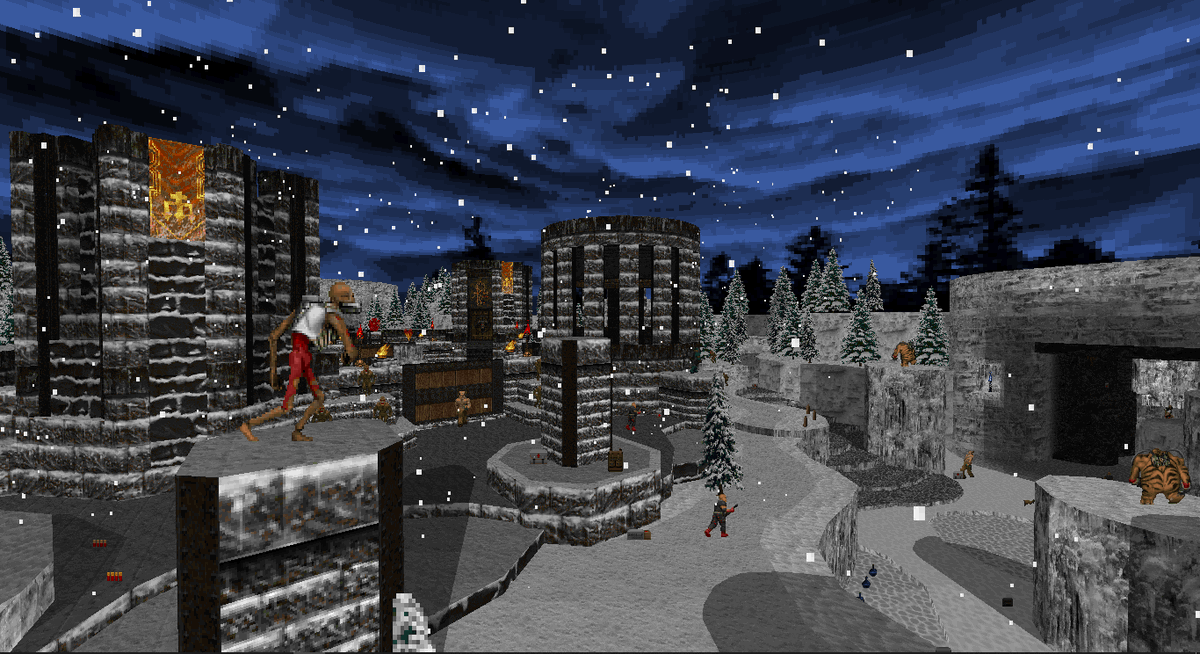 A screenshot of Eviternity, showing an outdoor snowy fortress, with several enemies and falling snow.