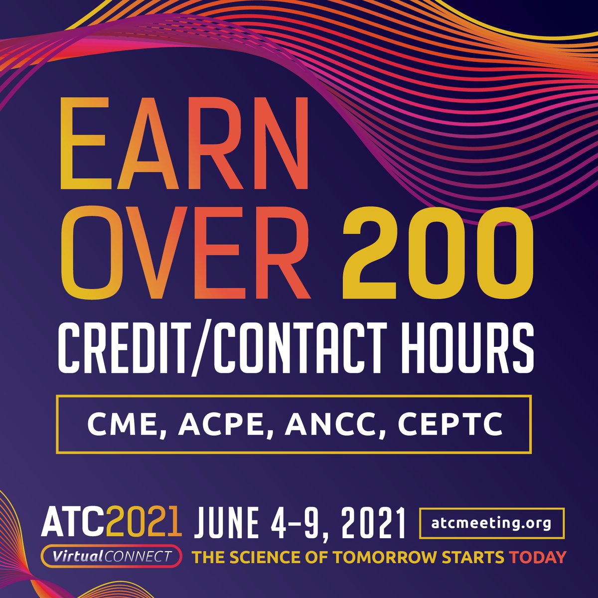 Attend #ATC2021Virtual Connect and earn OVER 200 education credits or contact hours! This is the MOST credits/contact hours ATC has ever been able to provide. Learn more: atcmeeting.org/accreditation 

#CME #MOC #ANCC #ACPE #CEPTC #transplantation  #continuingeducation #contacthours