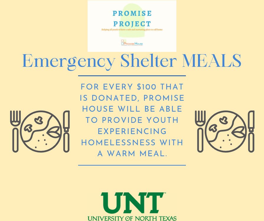 Having 3 healthy warm meals a day is very important for ones health. For every $100 that you help raise, the Promise House shelter can provide youth experiencing homelessness with 3 warm meals a day.

linktr.ee/PromiseProject

#promiseproject2021 #unt #socialworkstudents #college