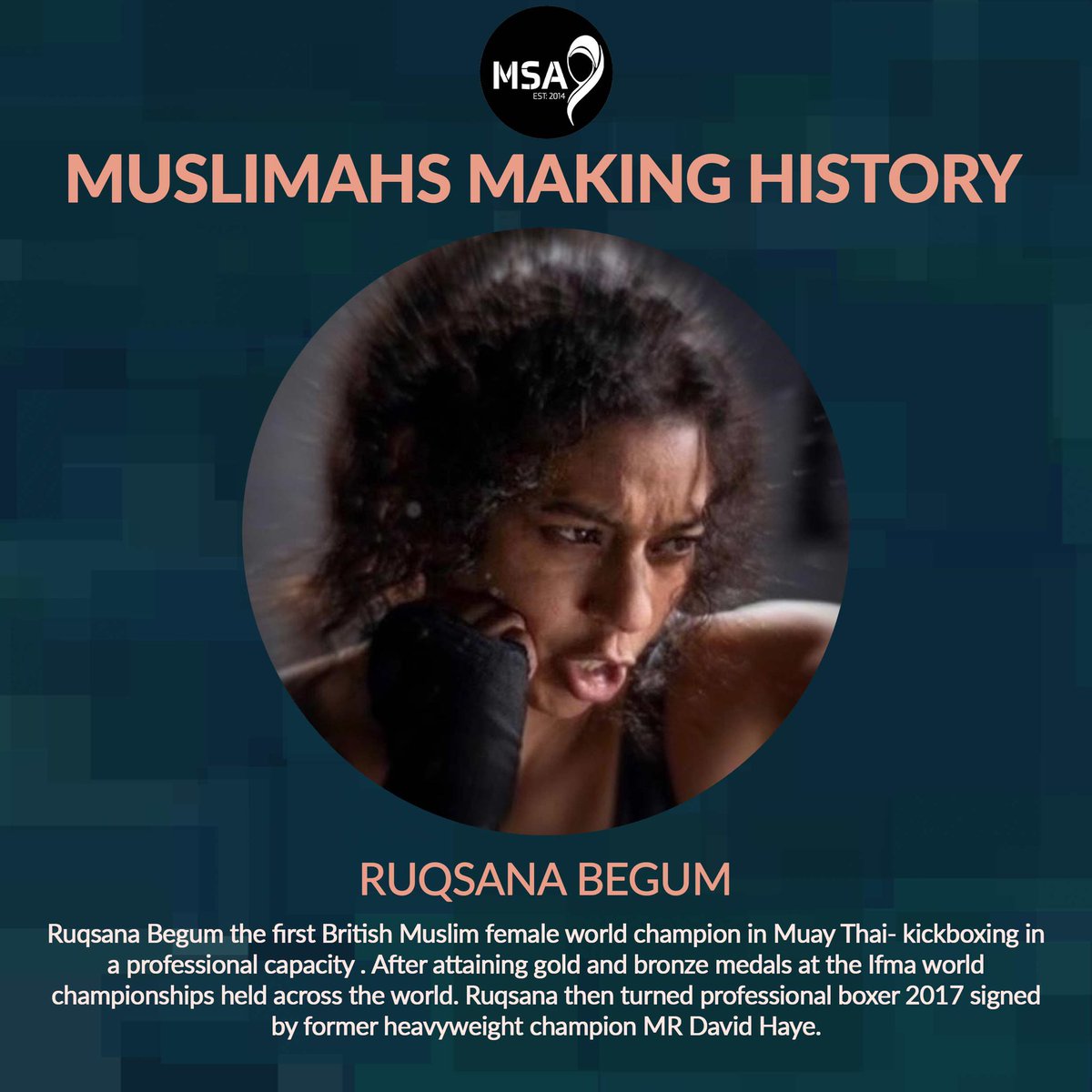 Muslimah Sports Association (MSA) (@muslimahasso) on Twitter photo We are excited to have <a href="/RuqsanaBegum/">Ruqsana Begum</a> at our MSA’s Muslimahs Making History - discussing her journey in sports.
Join us for a very special evening of conversation, supported by <a href="/LaureusSport/">Laureus</a> #modelcity and <a href="/MayorofLondon/">Mayor of London, Sadiq Khan</a>
eventbrite.co.uk/e/msa-presents…
#femaleboxers #muslimfighters We are excited to have <a href="/RuqsanaBegum/">Ruqsana Begum</a> at our MSA’s Muslimahs Making History - discussing her journey in sports.
Join us for a very special evening of conversation, supported by <a href="/LaureusSport/">Laureus</a> #modelcity and <a href="/MayorofLondon/">Mayor of London, Sadiq Khan</a>
eventbrite.co.uk/e/msa-presents…
#femaleboxers #muslimfighters