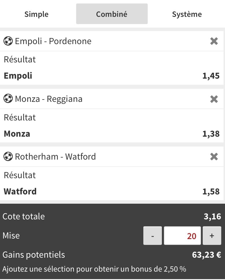 BenefPronos_'s tweet image. 🔱Safe du jour nº2
🥩@3,16
⚽️Empoli / Monza / Watford

🤑Bon match à tous !#TeamParieur 

❤️ &amp;amp; ♻️ Pour le soutien 

🛑Parrainage Winamax : winamax.fr/i/9nfega