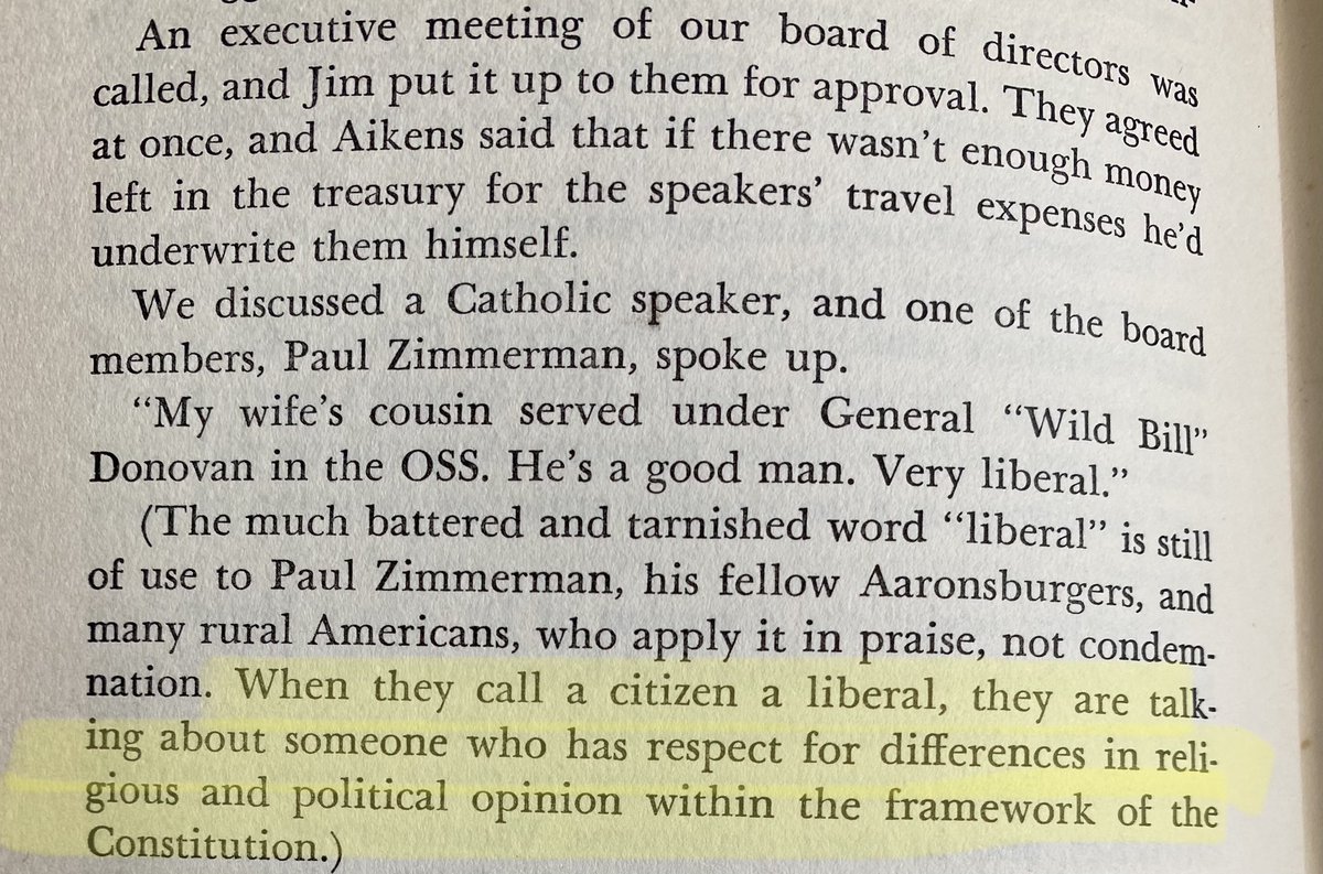 imaginarybar's tweet image. In 1949, the word “liberal” was not an insult. 

The #AaronsburgStory page 50:

“When they call a citizen a liberal, they are talking about someone who has respect for differences in religious and political opinion within the framework of the Constitution.”