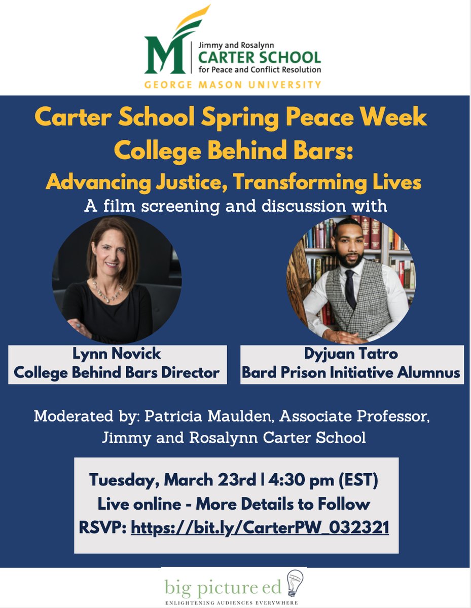 DAndDProject's tweet image. One week from today! Please join as we discuss education inside carceral spaces and its transformative and restorative effects. Register at bit.ly/CarterPW_032321