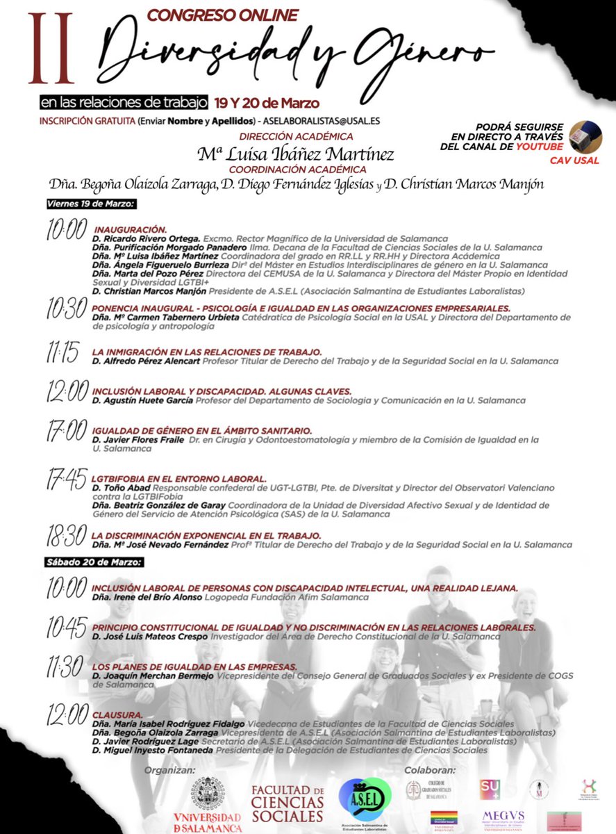 🏳️‍🌈 Mucho está cambiando en la sociedad para que los y las estudiantes de Relaciones Laborales organicen una jornada sobre la discriminación en el trabajo, que cuenta además con una ponencia sobre LGTBIfobia en el entorno laboral. Bravo!

🏳️‍🌈 Las jornadas se pueden seguir online: