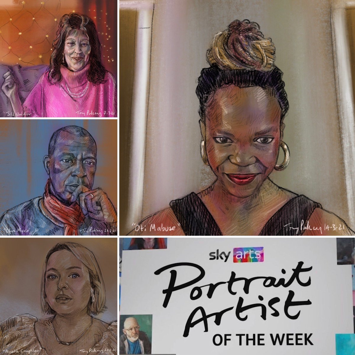 My #portraitartistoftheweek. Enjoyed exploring #colour, & sitters #otimabuse #jillnalder #clivemyrie #nicolacoughlan #PAOTW #myPAOTW #skyportraitartistoftheweek #strictlycomedancing #itsasin #derrygirls #bridgerton #portrait #procreate #digitalart #art #illustration