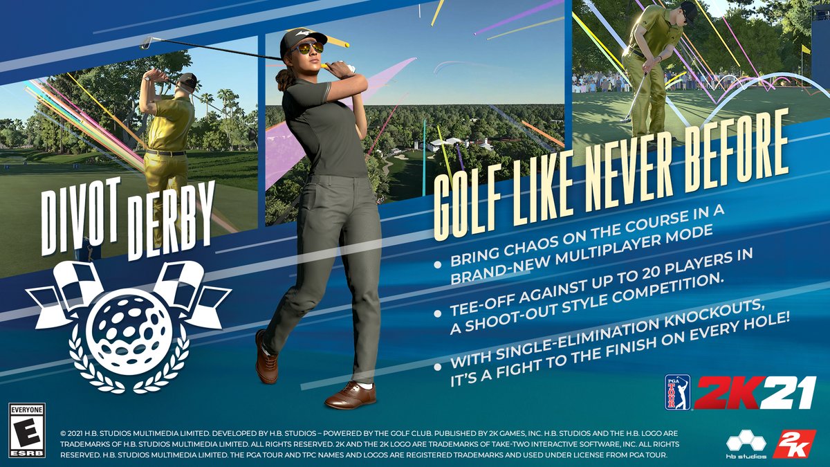 PGATOUR2K's tweet image. Are you ready to golf like never before!? 🏌️ Check out our brand-new multiplayer mode, Divot Derby, releasing tomorrow! Play with up to 20 of your friends in this chaotic shoot-out competition! #PGATOUR2K21