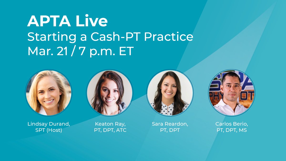 Hey Students! Out next #APTALive is coming up this Sunday, 3/21 at 7pm EST.

We'll be joined by a fantastic panel talking about how they've started and grown successful physical therapy practices as out of network providers.

RSVP here: fb.me/e/4CSD6ywaX