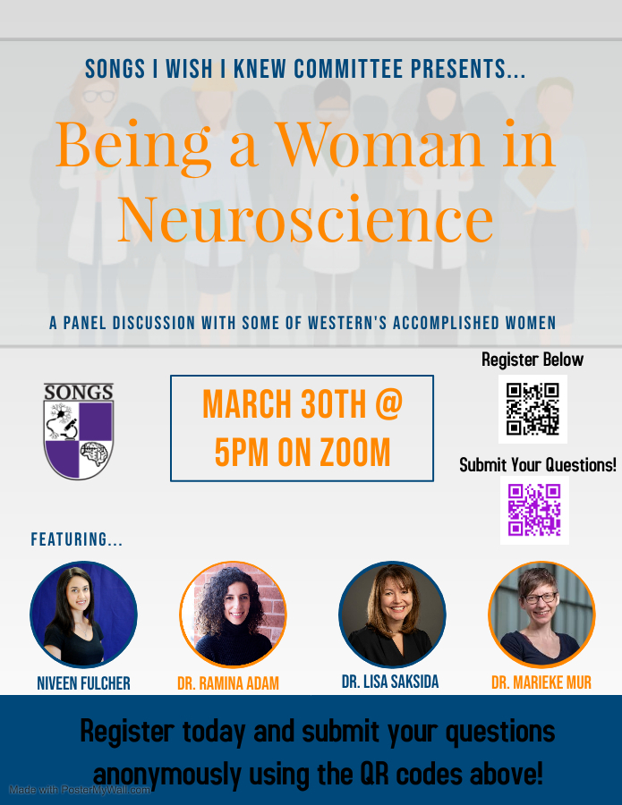 Society of Neuroscience Graduate Students (@songsuwo) on Twitter photo SONGS' I Wish I Knew Committee will be hosting a 'Women in Neuroscience' panel featuring <a href="/lisasaksida/">Lisa Saksida</a> <a href="/nivful/">nfulcher, PhD</a> <a href="/marieke_mur/">Marieke Mur</a> and @RaminaAdam! Register at cutt.ly/pz1xj71 and submit your questions anonymously through cutt.ly/Iz1zvGY!
When: March 30th 5pm
Where: Zoom! SONGS' I Wish I Knew Committee will be hosting a 'Women in Neuroscience' panel featuring <a href="/lisasaksida/">Lisa Saksida</a> <a href="/nivful/">nfulcher, PhD</a> <a href="/marieke_mur/">Marieke Mur</a> and @RaminaAdam! Register at cutt.ly/pz1xj71 and submit your questions anonymously through cutt.ly/Iz1zvGY!
When: March 30th 5pm
Where: Zoom!