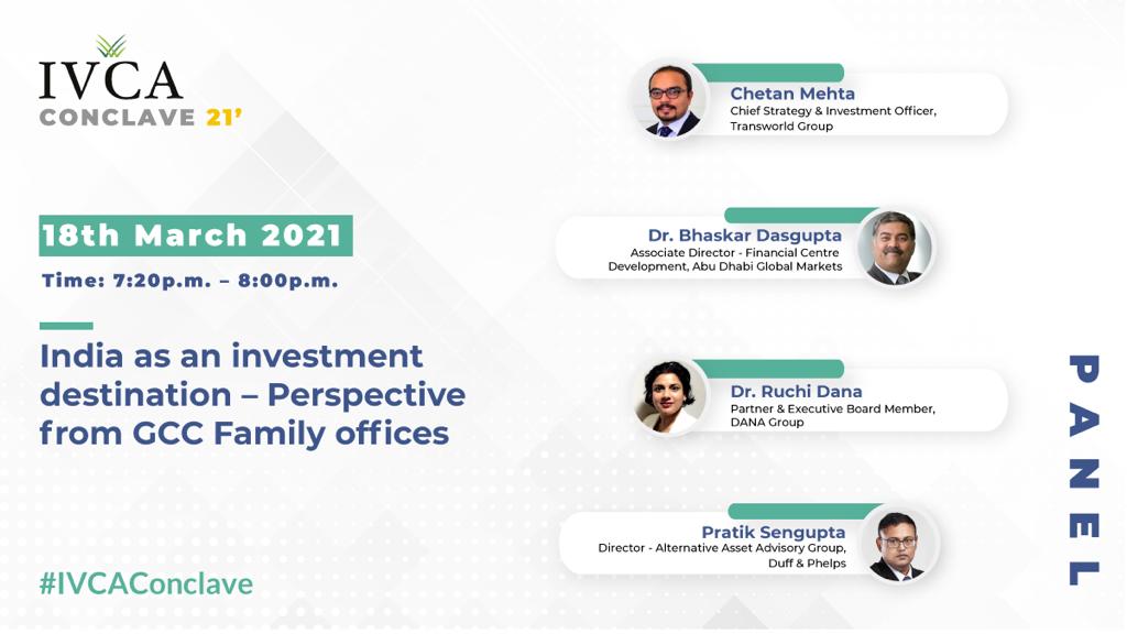 #IVCAConclave 

Panel: 'India as an investment destination- Perspective from GCC Family offices'

Chetan Mehta, <a href="/TransworldTweet/">Transworld</a> 
Dr. <a href="/1bdasgupta/">Bhaskar Dasgupta</a> <a href="/ADGlobalMarket/">ADGM</a> 
Dr. <a href="/ruchidana/">Ruchi Dana</a> <a href="/danagroups/">DANAGROUPS.COM</a> 
Pratik Sengupta, <a href="/duffandphelps/">Duff & Phelps, A Kroll Business</a> 

Register:
ivcaconclave.com