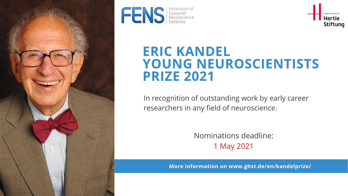 FENS (@fensorg) on Twitter photo The Eric Kandel Young Neuroscientists Prize rewards excellent European neuroscientists under the age of 40 (overall prize EUR 100,000).
Nomination deadline: 1 May 2021.
Find out more on ghst.de/kandelprize
#neuroscience #award
<a href="/demokratieghst/">Demokratie stärken - Hertie-Stiftung</a> The Eric Kandel Young Neuroscientists Prize rewards excellent European neuroscientists under the age of 40 (overall prize EUR 100,000).
Nomination deadline: 1 May 2021.
Find out more on ghst.de/kandelprize
#neuroscience #award
<a href="/demokratieghst/">Demokratie stärken - Hertie-Stiftung</a>