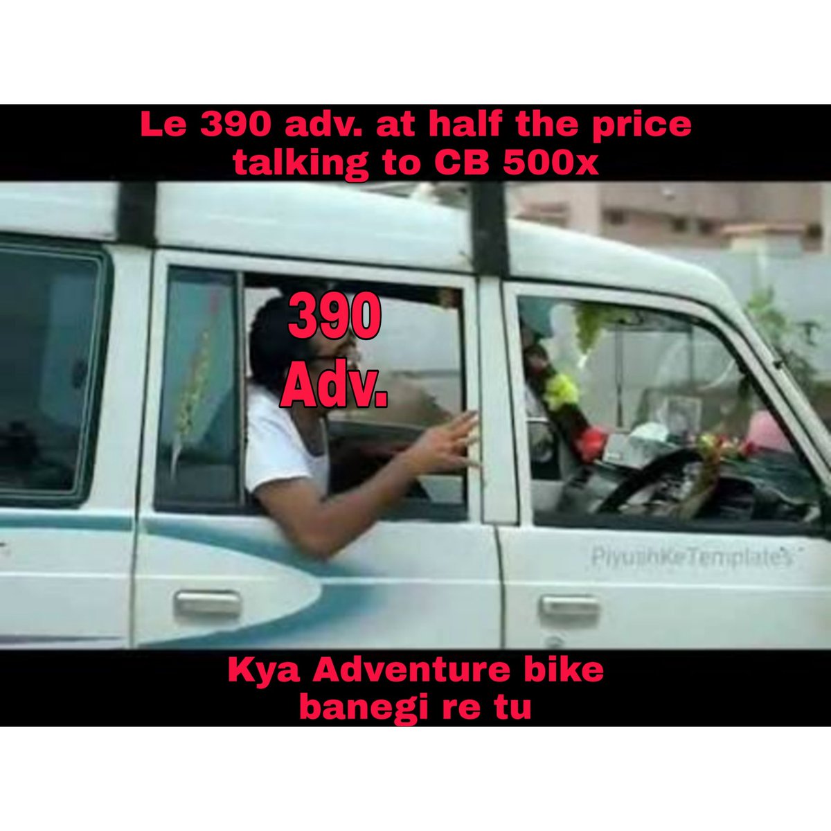 Pun_Tarr's tweet photo. @BigWingIndia Though I am not a big fan of ktm 390 Adv. 
But I made this meme just to tell how Honda lost the race. No one will be willing to pay twice the price for 4 more horsepowers and additional 3 litres of fuel capacity that too with less electronics. https://t.co/zBdK4U35if