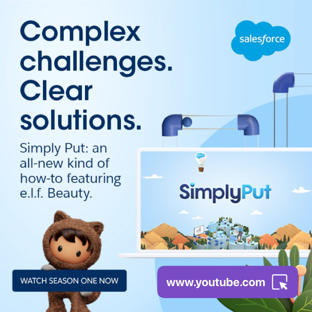 salesforce's tweet photo. It’s here: #SimplyPut! 

Start your ✨digital glow-up✨ and stream all 4 episodes from #Digital360. 

Host @EmmanuelAcho and the brilliant minds of @elfcosmetics deliver digital business tactics, without the jargon. 

▶️ Just press play.