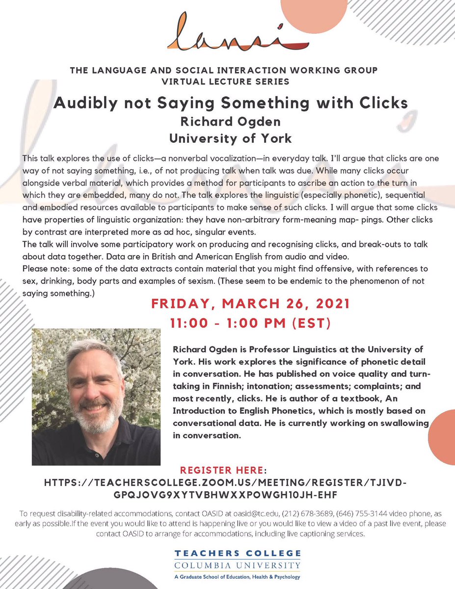 lansi_tc's tweet image. We can’t wait to host this exciting talk/workshop by Dr. Richard Ogden on #clicks in conversation in less than 2 weeks! teacherscollege.zoom.us/meeting/regist… #LANSIVirtualLectureSeries @ISCAupdates @EMCA_News @lsi_nca @ICA_Language @AAALinks @rolsi_journal