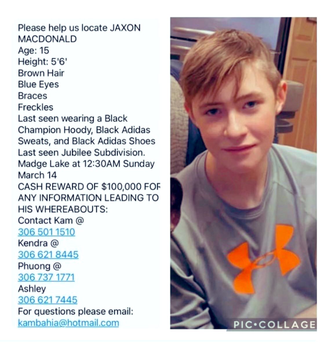 *****PLEASE SHARE *******
Can you help locate Jaxon MacDonald? Last seen leaving a residence in Jubilee subdivision of Duck Mountain Provincial Park on foot at about 12:30 a.m. on Sun, March 14. #Saskatchewan #FindJaxon #MissingPerson 

$200,000 cash reward.