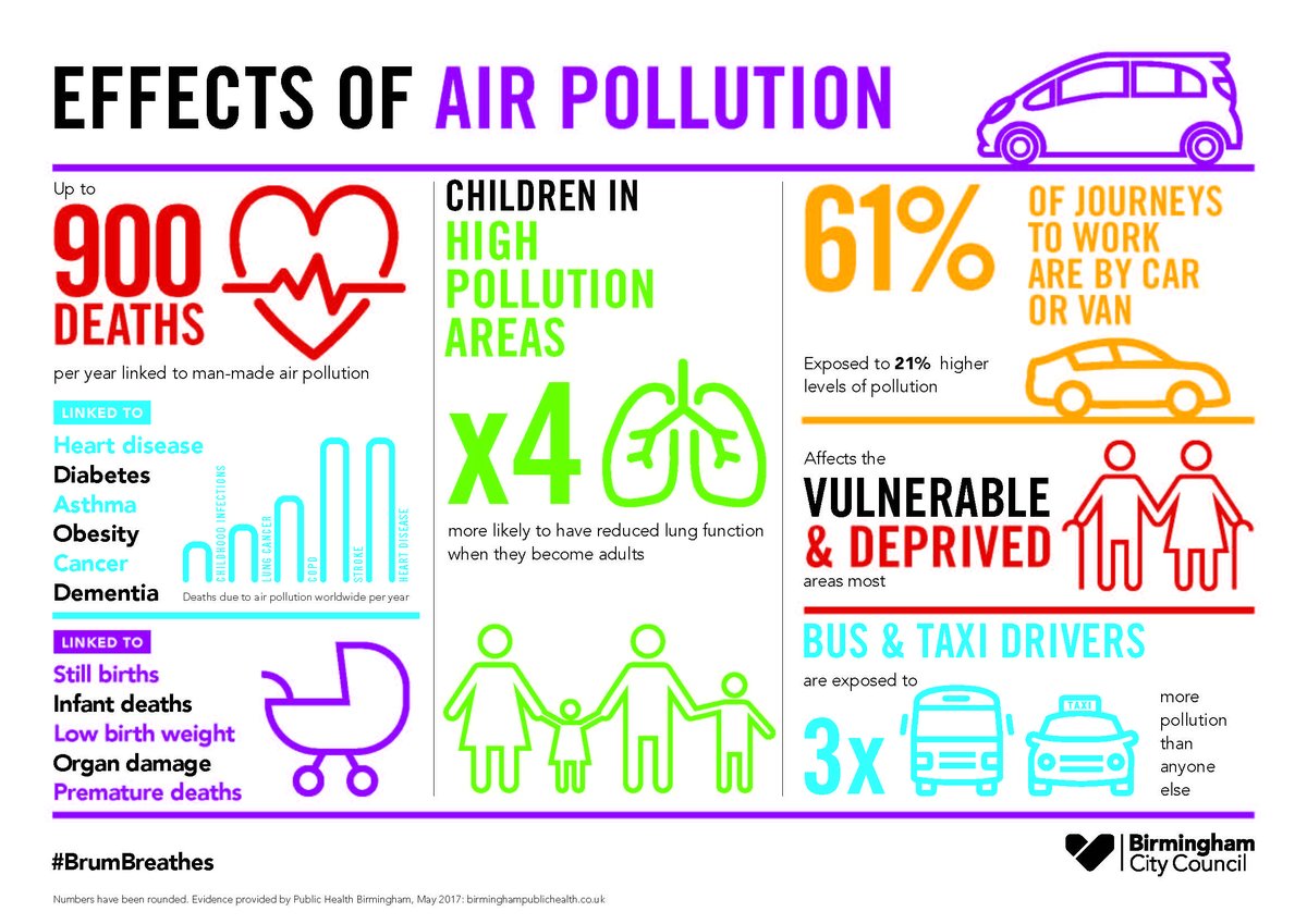 Cw: death

Up to 900 people in Birmingham die early every year thanks to air pollution.
Children in areas of high pollution are 4x more likely to have reduced lung function as adults.
For more information, see the city council website: birmingham.gov.uk/info/20076/pol…
