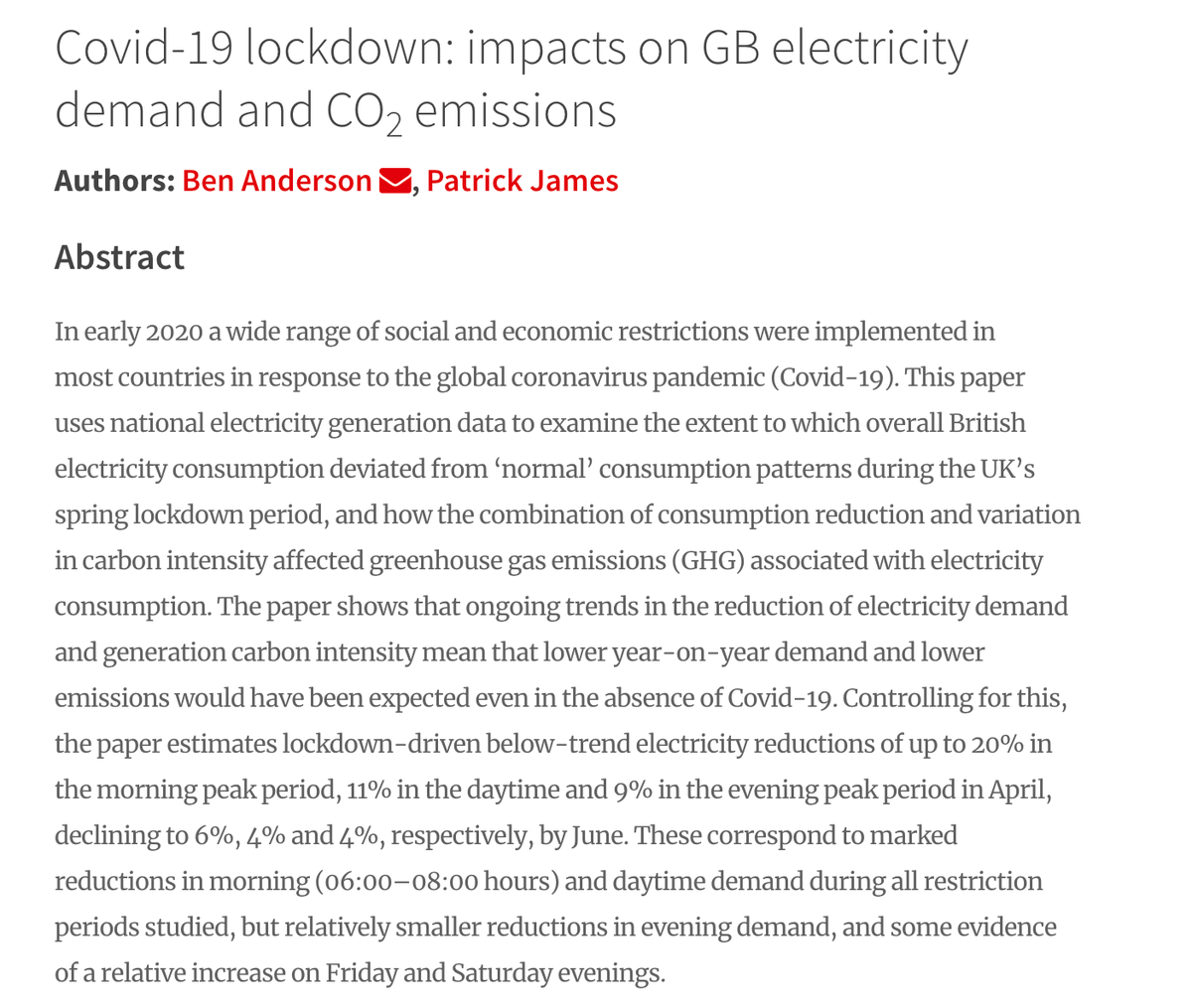 NEW PAPER “Covid-19 lockdown: impacts on GB electricity demand and CO2 emissions
Authors: Ben Anderson , Patrick James” buff.ly/2Zg974K