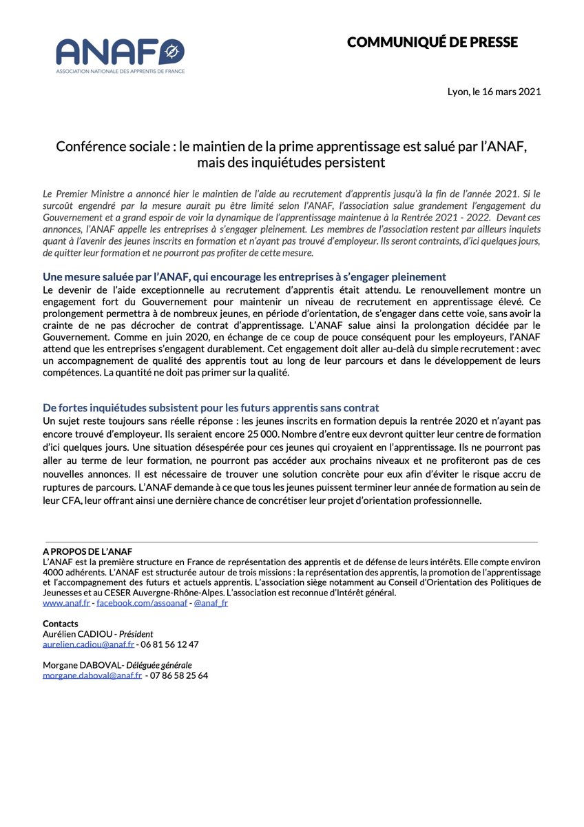✅L’ANAF salue la prolongation du soutien du <a href="/gouvernementFR/">Gouvernement</a> à l'#apprentissage.⚠️Des milliers de #jeunes sont sans contrat et risquent d'abandonner leur formation.‼️Une solution doit être trouvée pour éviter les ruptures de parcours.
<a href="/Elisabeth_Borne/">Élisabeth BORNE</a>
➡️ cutt.ly/nz1b3cD