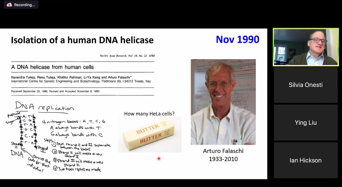 OnestiSilvia's tweet photo. A truly brilliant lecture on the history of #helicases by @BobBrosh to the @anti_helix consortium: I loved to see Arturo Falaschi picture... @ICGEB, @VindigniLab https://t.co/ZMNBYyRa8U