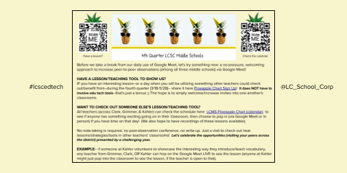 jjbogacki's tweet photo. 🍍Channeling @cultofpedagogy and hoping many #pineapplecharts "pop ins" will happen for our three middle schools via @Google Meet in our 4th quarter! THANK YOU @miss_studer for opening your class to kick off "pineappling" @Clark_Coyotes @Grimmer_Glads @koltpride #lcscedtech 🍍 https://t.co/4mu4pQEFb1