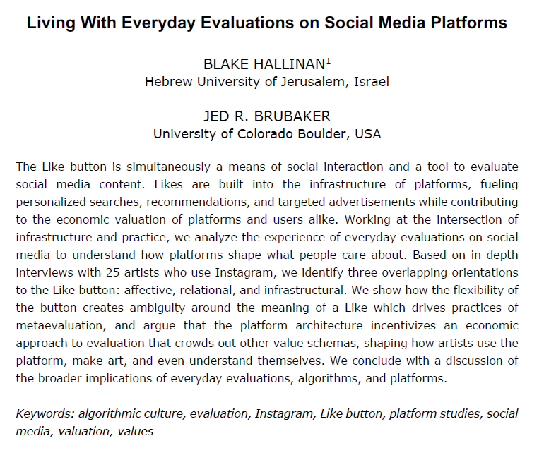 blakeplease's tweet photo. To like or not to like, that is the question–or a question people confront every time they use social media. @whatknows and I have a new paper out in International Journal of Communication on the like button, value, and algorithmic culture: https://t.co/muvfODJ5Mu Details 👇 https://t.co/ZGtvMq0pxV