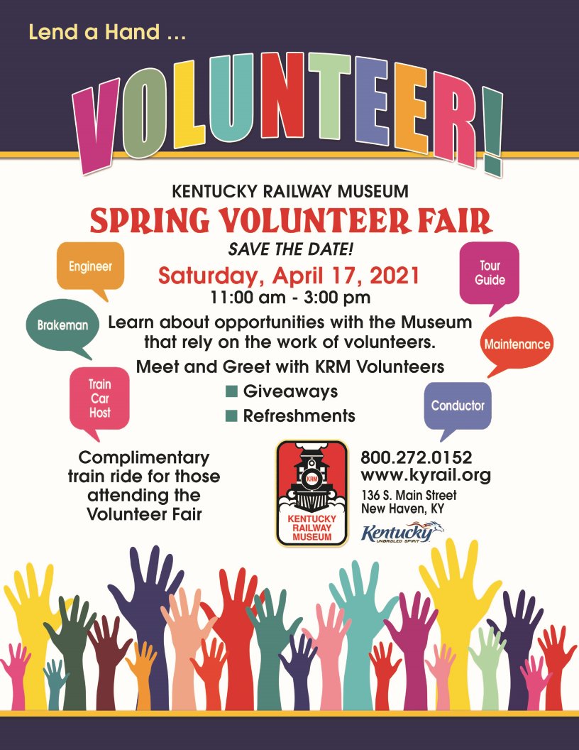 We are hosting a #volunteer fair on Saturday, April 17 and we invite YOU! Come and see first 🖐️some of our great volunteer opportunities! #Markyourcalendar #kyrailwaymuseum #volunteersrock