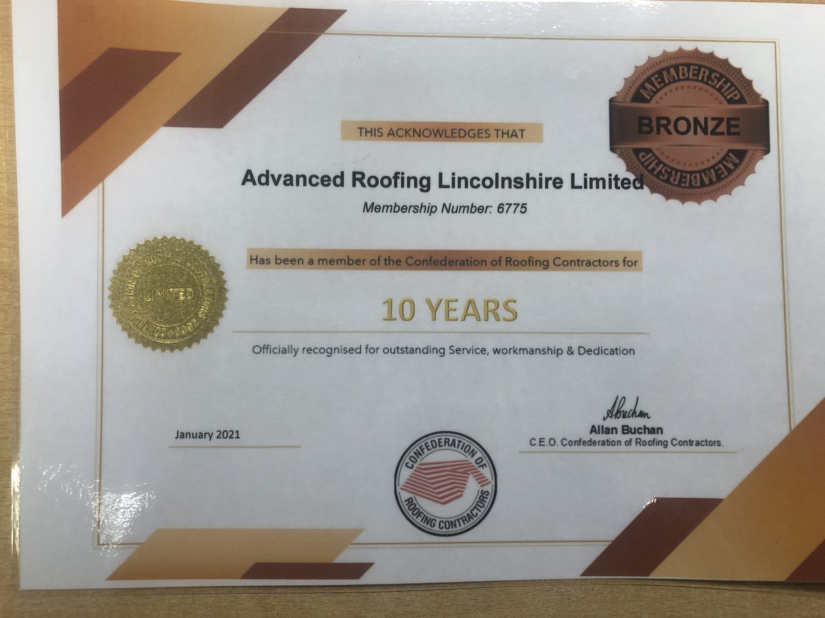 Advanced_Roofs's tweet photo. Proud members of the Confederation of Roofing Contractors 

Even more proud to have received our bronze membership certificate for 10 years as a member and to receive some great words of encouragement. 

Here's to the next 10 years! 🥂 https://t.co/VxLDP5Tl41