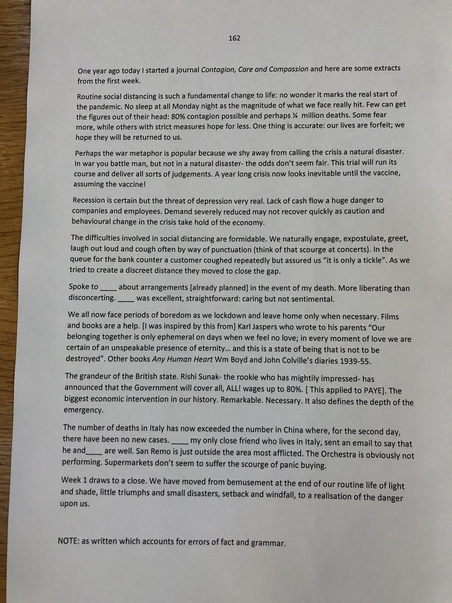 One year ago I started a journal “Contagion, Care and Compassion” and here are some extracts from the first week. #TheLastoftheUnionists