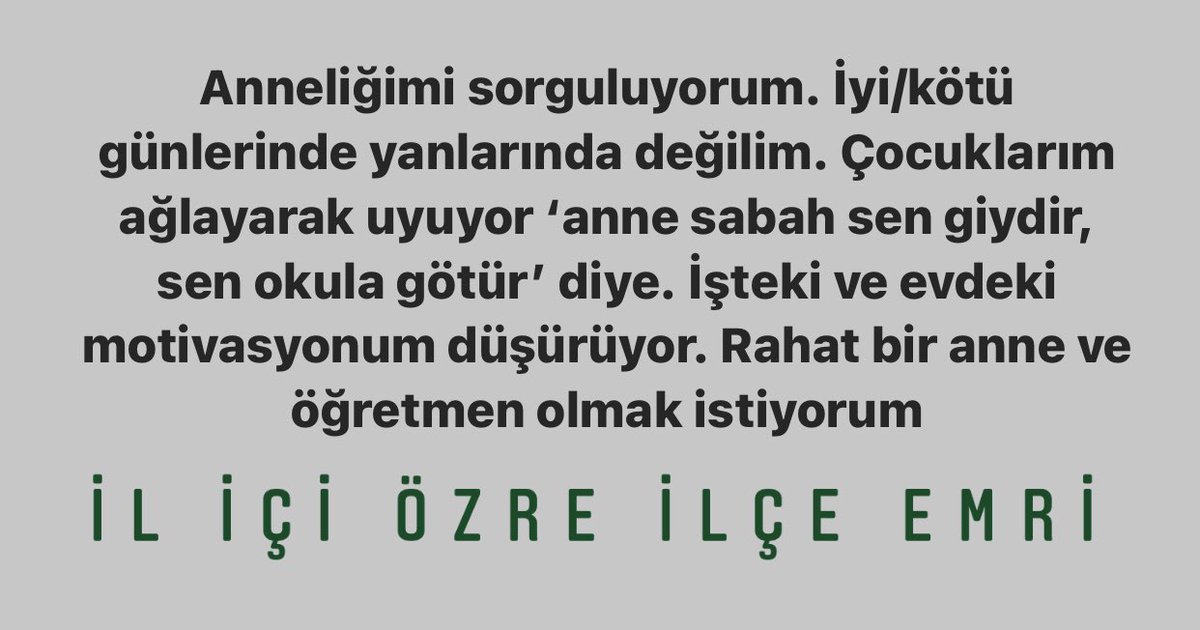 MEBİlİçiÖzür PerişanOldu

Sadece il içi özür değil, çocukları da perişan oldu. Hergün 70km gidiş 70km dönüş yol yapıyorum. Süt iznimi yollarda harcamam sebebiyle oğlum emmeyi bıraktı. Sadece doğum iznimde anne sütü alabildi.

<a href="/ziyaselcuk/">Ziya Selçuk</a> <a href="/omerinan06/">Ömer İNAN</a> @demiiryakup