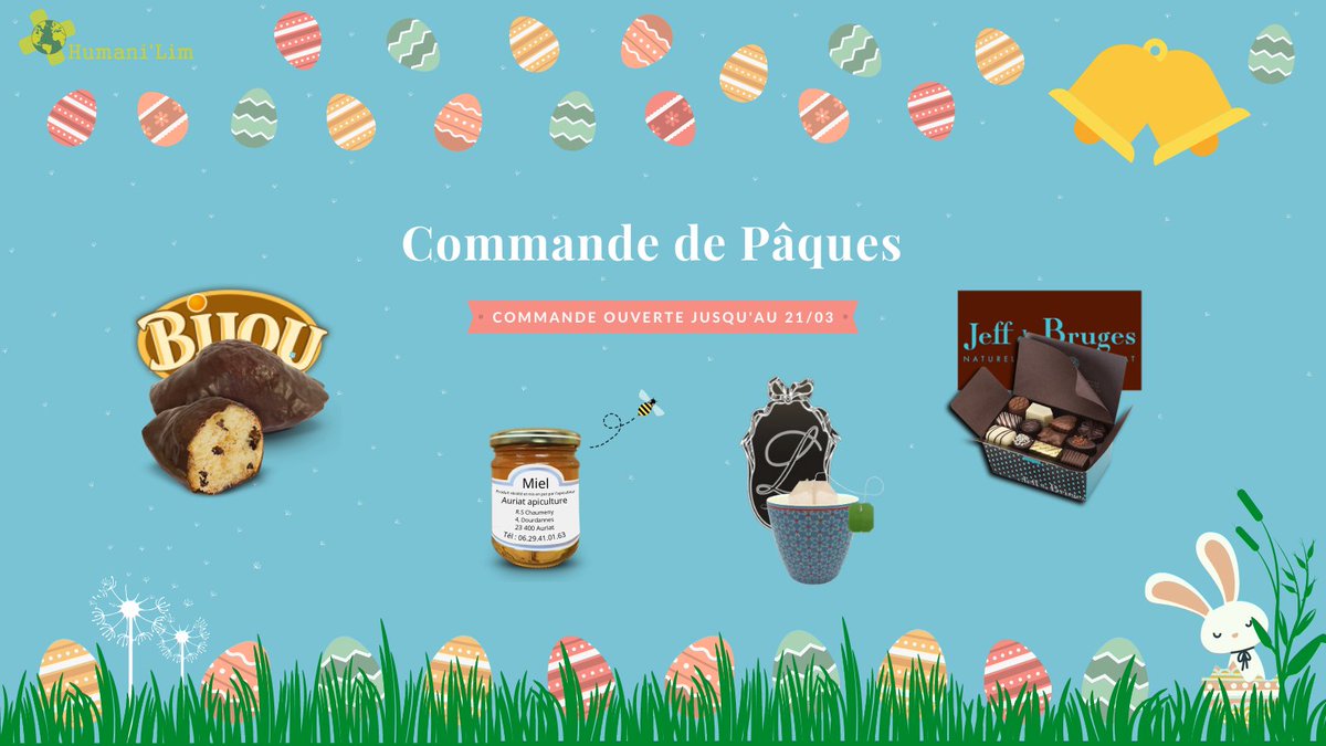 HumaniLim's tweet image. Comme chaque année nous lançons notre seconde commande de l'année : celle de Pâques !
Et voici son lien : forms.gle/zdKVMSs21cavQ7…

Vous avez jusqu'au 21 mars pour commander, alors ne perdez pas de temps et préparez-vous à vous régaler pour Pâques tout en finançant nos projets !😋