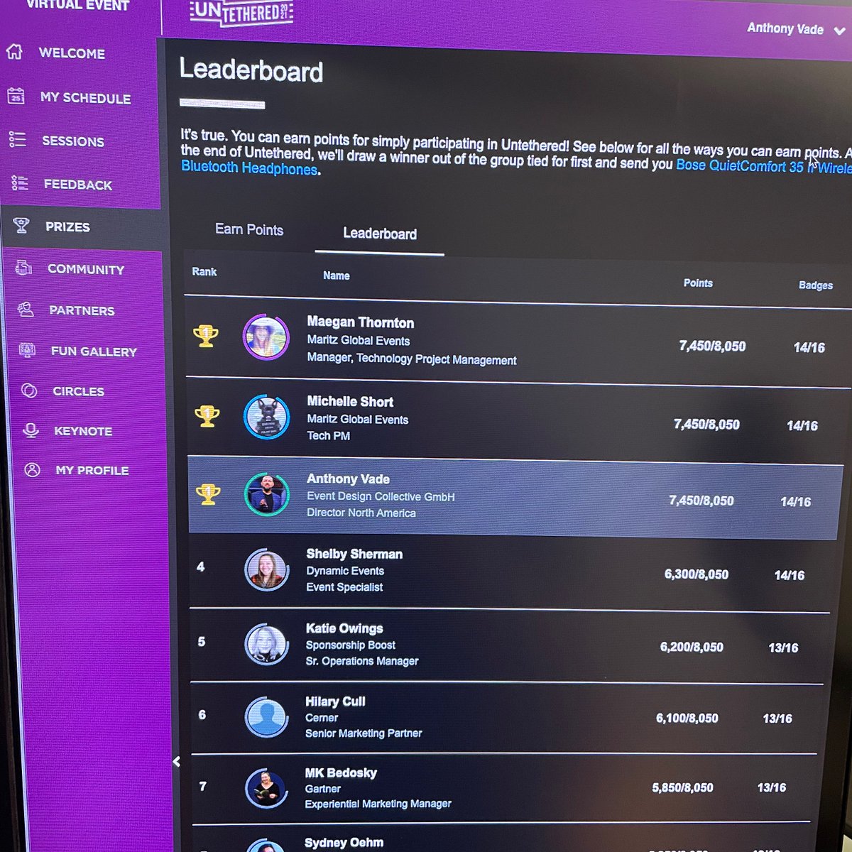Hanging out at #untethered2021 for the next couple of day. 

I couldn’t help myself I love a good leaderboard challenge.

Book a meeting with me to talk #EventCanvas and #EventDesign or if you want to learn how to get to the top of the leaderboard.