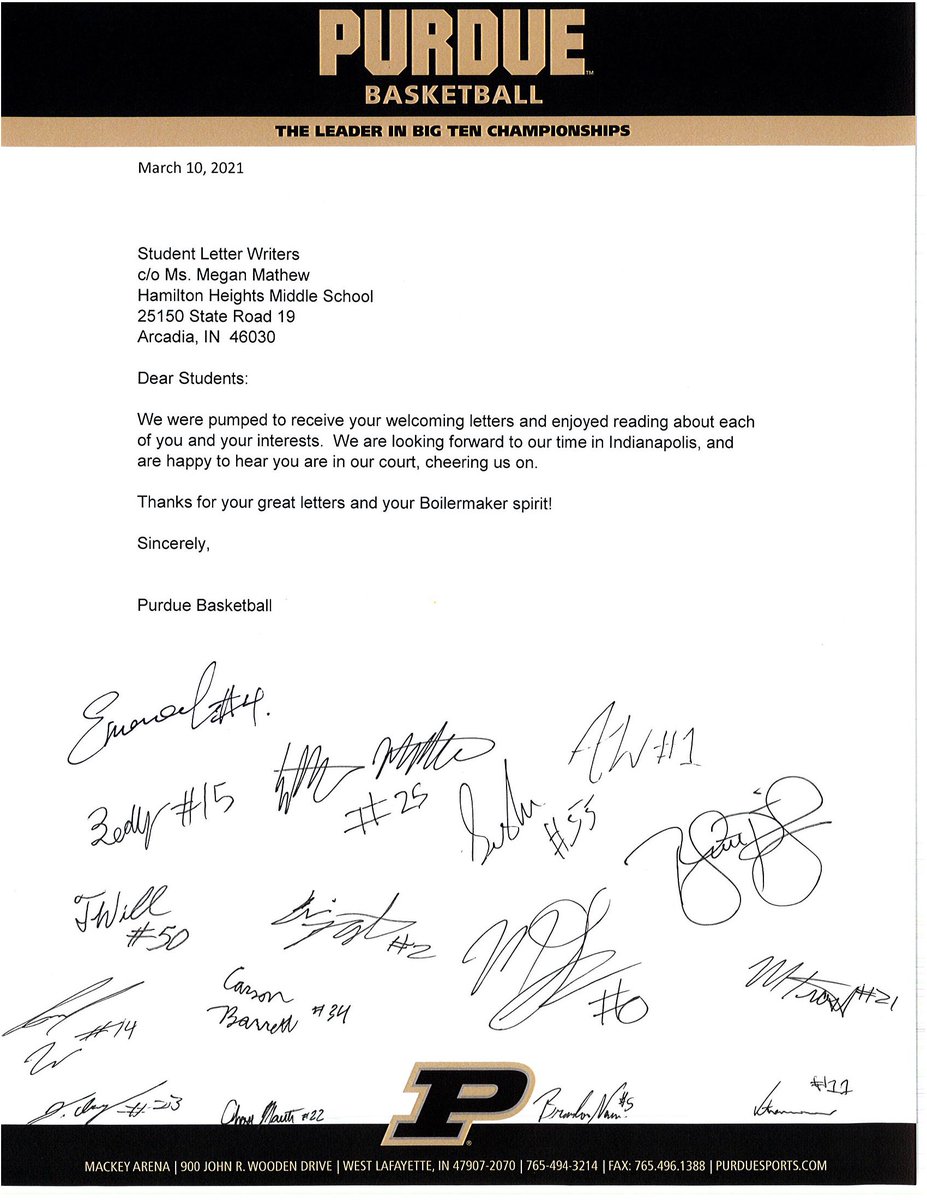 hhschuskies's tweet image. HHMS students wrote letters to 14 Big Ten Teams and received this response back from Purdue.
#WeAreHuskies