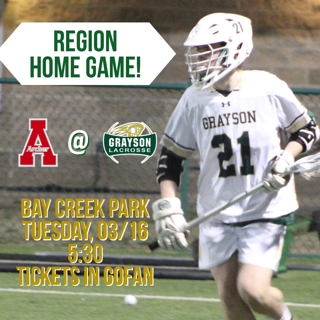 GraysonRamsLax's tweet photo. 🚨REGION HOME GAME🚨
We are hosting Archer at Bay Creek tonight at 5:30! Tickets are available on GoFan, come out to support the boys! #GraysonLax #gwinnettlax https://t.co/oD5xxA6ax5