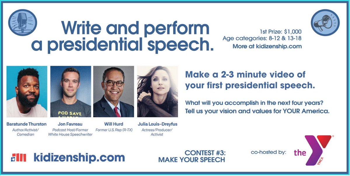 Fellow Americans: @kidizenship just launched a contest inviting kids ages 8-18 to write and perform their own presidential speeches. I'm excited to judge this w @officialjld @jonfavs  & @hurdonthehill $1000 1st prize. Co-host: @ymca Youth & Gov't. Deets: Kidizenship.com/make-your-spee…