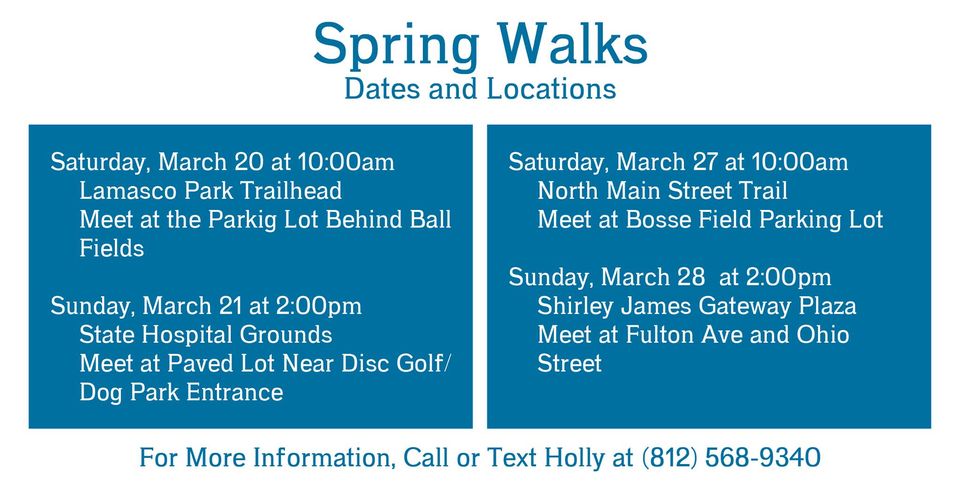 We have 2 walks coming up this weekend! Come join us for a spring stroll!
#walk #walking #getyourstepsin #urbanhikes #walkevv #evvparksandrec