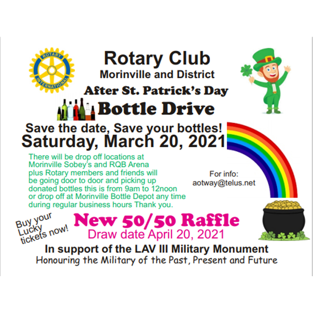 The Rotary Club of Morinville is having a bottle drive as one of the fundraisers for the LAV lll monument project!  
They'll also be doing a 50/50 - draw date is April 20. Buy your tix here >> www2.rafflebox.ca/raffle/rotarym…