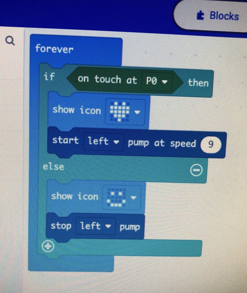 ryan_psmith's tweet image. I interpreted the “touch of a button” a little differently - I used the touch sensor and if the sensor was being touched, the pump would run until no longer being touched. #ClimateAction  @InkSmith3D @dtangred @lisaannefloyd @microbit_edu #tldsbcode #tldsblearns @CanCodeToLearn