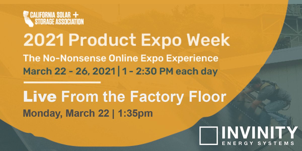 InvinityEnergy's tweet image. Join Invinity LIVE from our factory floor at @CALSSA_org virtual Product Expo March 22. Learn from 40 companies in this no-nonsense online format designed to get you up to speed quickly!
Registration is free: bit.ly/3bc9UKB