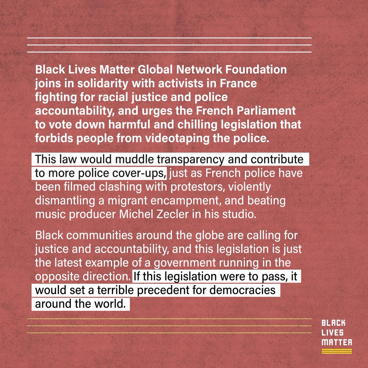 Blklivesmatter's tweet photo. We stand in solidarity with activists in France, fighting to maintain their right to record and document instances of police brutality. The fight to end police brutality and #DefundThePolice is a global one.
#BlackLivesMatter ✊🏿 https://t.co/UiQH2Y7ifs