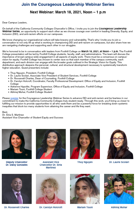 Look forward to presenting with our college colleagues at this "Courageous Leadership" webinar on Thursday at noon!  #Equity To register, cccconfer.zoom.us/webinar/regist…