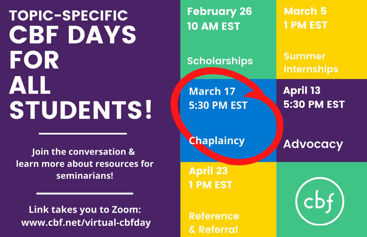 CBFChapsPC's tweet photo. Calling students who are interested in exploring chaplaincy! Devita Parnell, Carrol Wilson, and I will be available for conversation tomorrow, Wednesday, March 17th at 5:30p EST via the zoom link https://t.co/dYEacPt3xS. https://t.co/slZrR86qfJ