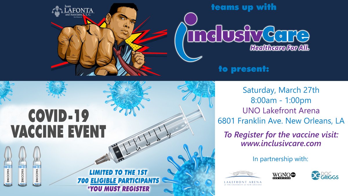LakefrontArena's tweet image. Meet LA state vaccination eligibility guidelines? Get your COVID-19 vaccination at the #UNOLakefrontArena on Saturday, March 27!  You must preregister at inclusivcare.com or by calling 1-877-302-4985.