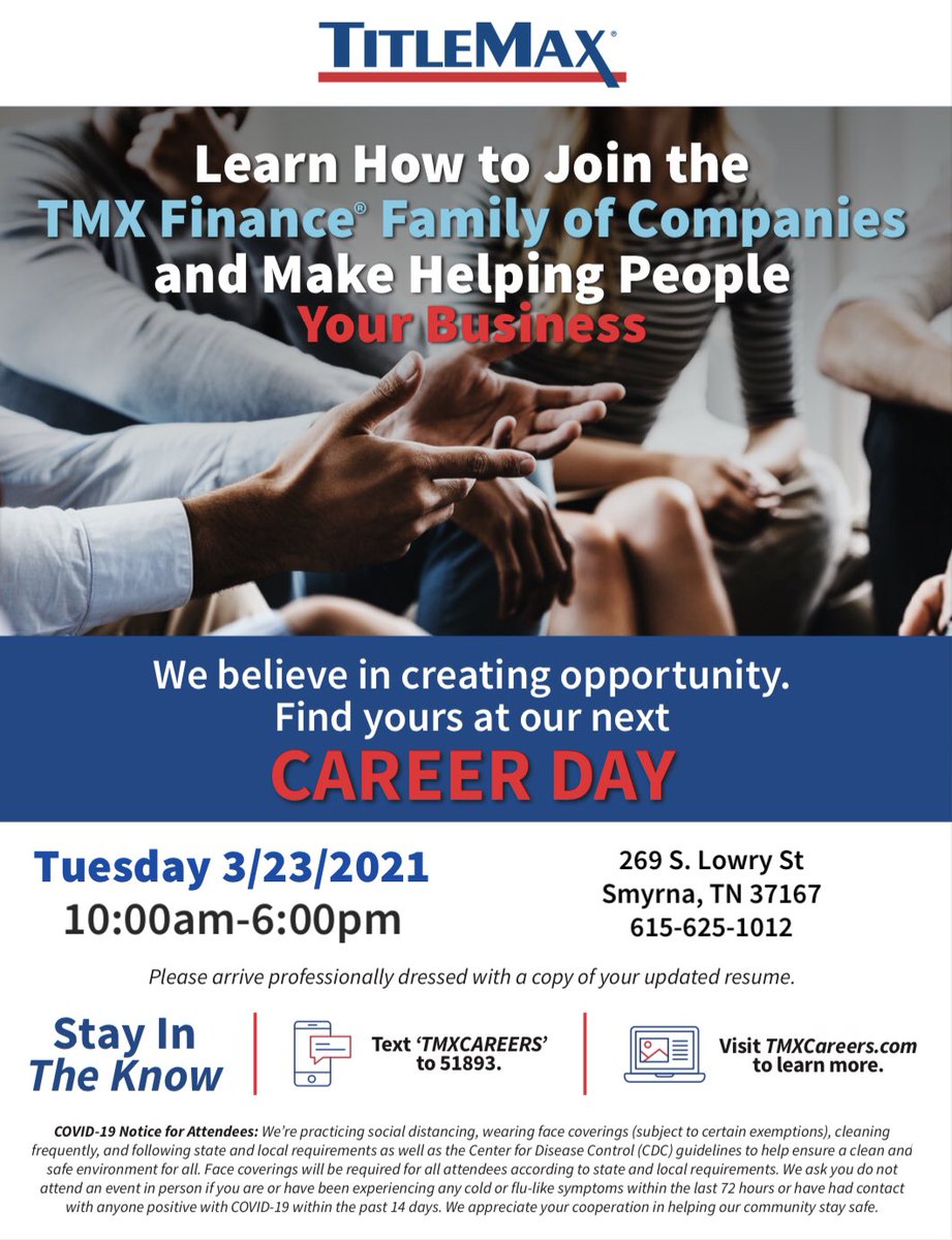 Come and join us on CAREER DAY Tuesday 3/23/2021 from 10AM- 6PM and become a part of the TMX family!!!!