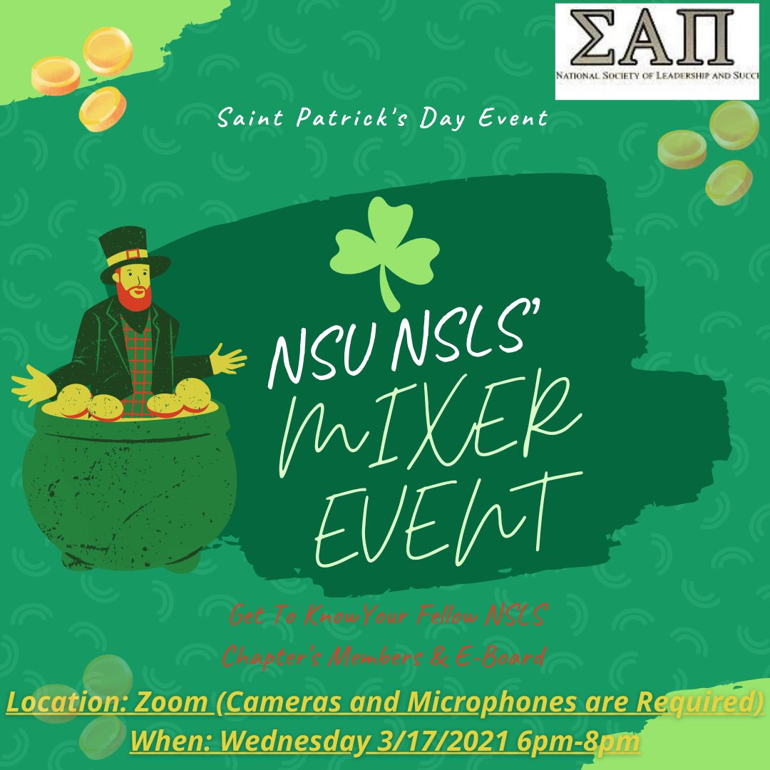 nsls_nsu's tweet photo. Hey Lucky Leaders! Come to Sigma Alpha Pi’s “Pot of Gold” Mixer Event 🍀 on Wednesday March 17th at 6pm. Get to know your fellow chapter members and e-board members, while participating in fun icebreakers!

⚠️Your camera and microphone are both required to be on during the event. https://t.co/VWfxYVWokK