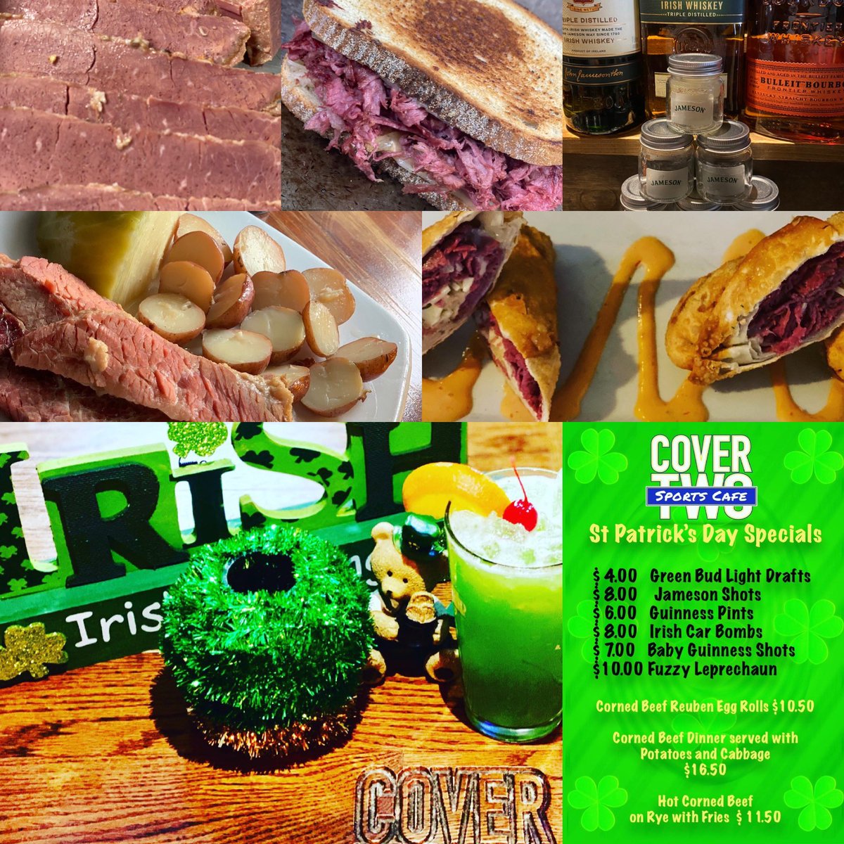 We are just under one day away from #StPatricksDay ! Cover Two will be open from 11am- 11pm for indoor dining, heated patio dining and curbside takeout. All specials listed are for in-house AND to-go orders! Online ordering is available through our website (link in bio).